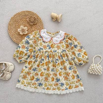 ベビー幼児女の子用イエローブルーフラワーDress - ベージュ - 8歳 - image 1