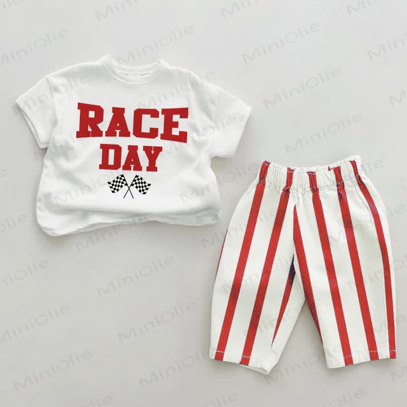 RACE DAYベビーレッド 縦縞 2ピースセット - ホワイト＆レッド - 2～3歳 - image 1