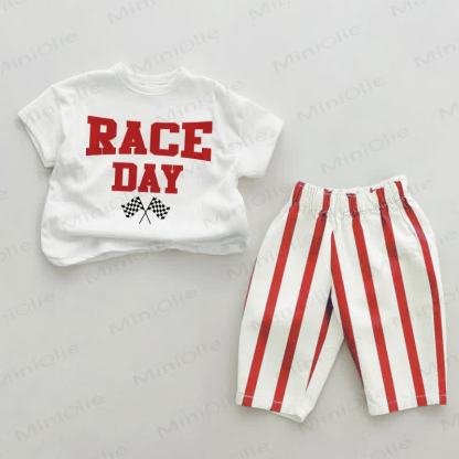 RACE DAYベビーレッド 縦縞 2ピースセット - ホワイト＆レッド - 2～3歳 - image 1