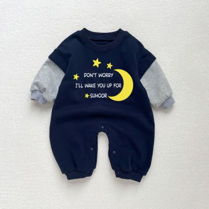 DON'T WORRY I'LL WAKE YOU UP FOR SUHOOR幼児用ダークブルーカラーブロックロンパース - ダークブルー - 18～24ヶ月 - image 1