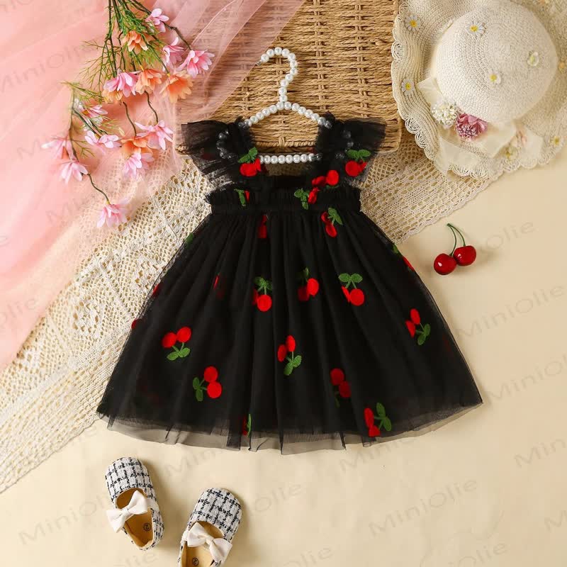 女の子用スウィートフライングスリーブメッシュDress - ブラックチェリー - 3-4Y - image 1