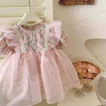 ベビー幼児女の子用ピンクフラワーフライングスリーブDress - image 4