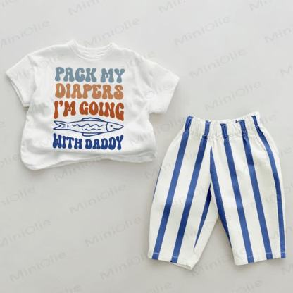 PACK MY DIAPERS I'M GOING WITH DADDYベビー 2ピース フィッシュブルー 縦縞セット - ホワイト＆ブルー - 2～3歳 - image 1