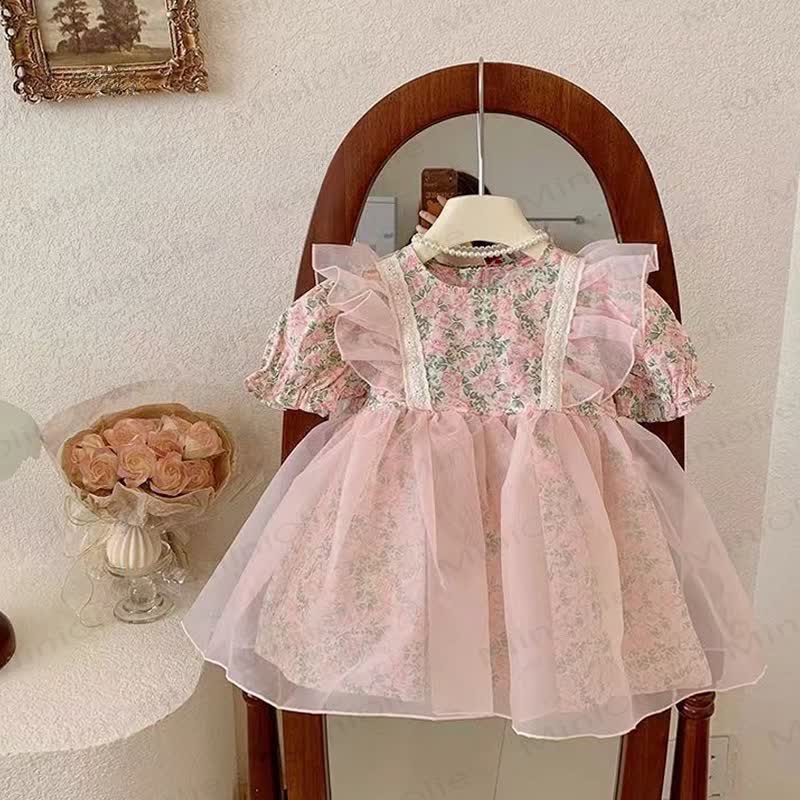 ベビー幼児女の子用ピンクフラワーフライングスリーブDress - image 1