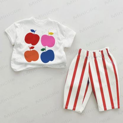 ベビーマルチカラーアップルレッド縦縞2点セット - 白と赤 - 2～3歳 - image 1