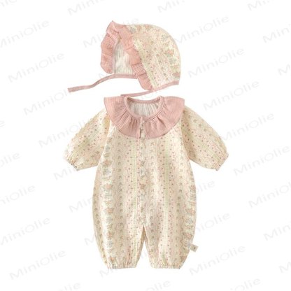 女の子用花柄カラーロンパース（帽子付き） - image 2