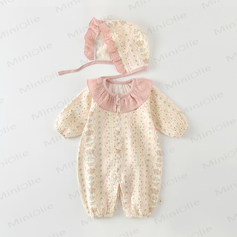 女の子用花柄カラーロンパース（帽子付き） - ベージュ - 18～24ヶ月 - image 1