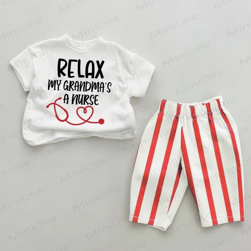 RELAX MY GRANDMA'S A NURSEベビーラブ レッド 縦縞 2点セット - 白と赤 - 2～3歳 - image 1