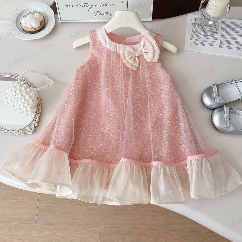 幼児用女の子用ピンクスパンコールリボンノースリーブDress - ピンク - 10歳 - image 1