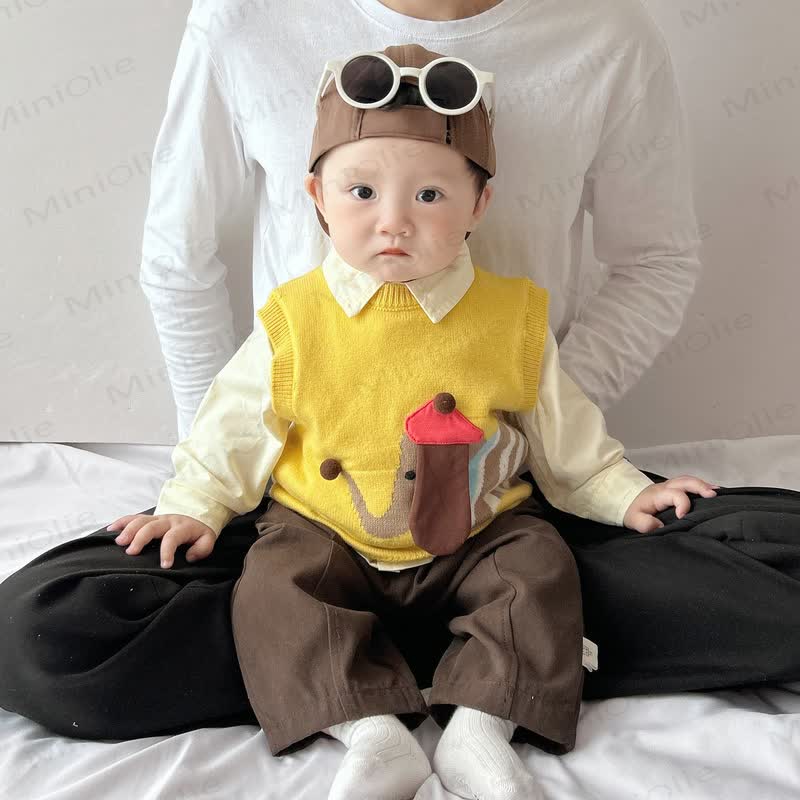 ベビー 幼児 男の子 ニット ドッグ タンクトップ/ベージュ トップス/ブラウン パンツ - image 2