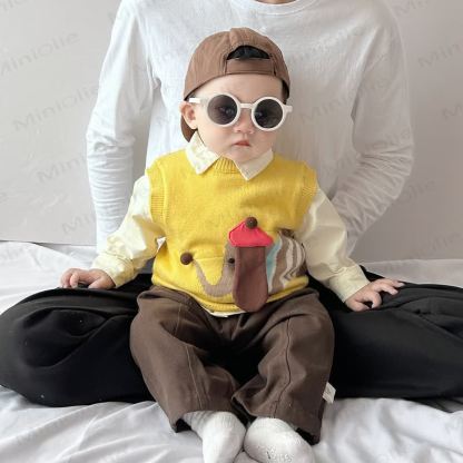 ベビー 幼児 男の子 ニット ドッグ タンクトップ/ベージュ トップス/ブラウン パンツ - image 3