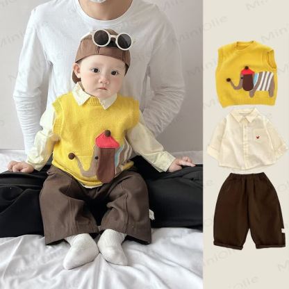 ベビー 幼児 男の子 ニット ドッグ タンクトップ/ベージュ トップス/ブラウン パンツ - image 1