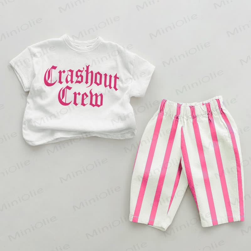 CRASHOUT CREWベビーピンク 縦縞 2点セット - ホワイト＆ピンク - 2～3歳 - image 1