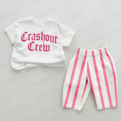 CRASHOUT CREWベビーピンク 縦縞 2点セット - ホワイト＆ピンク - 2～3歳 - image 1