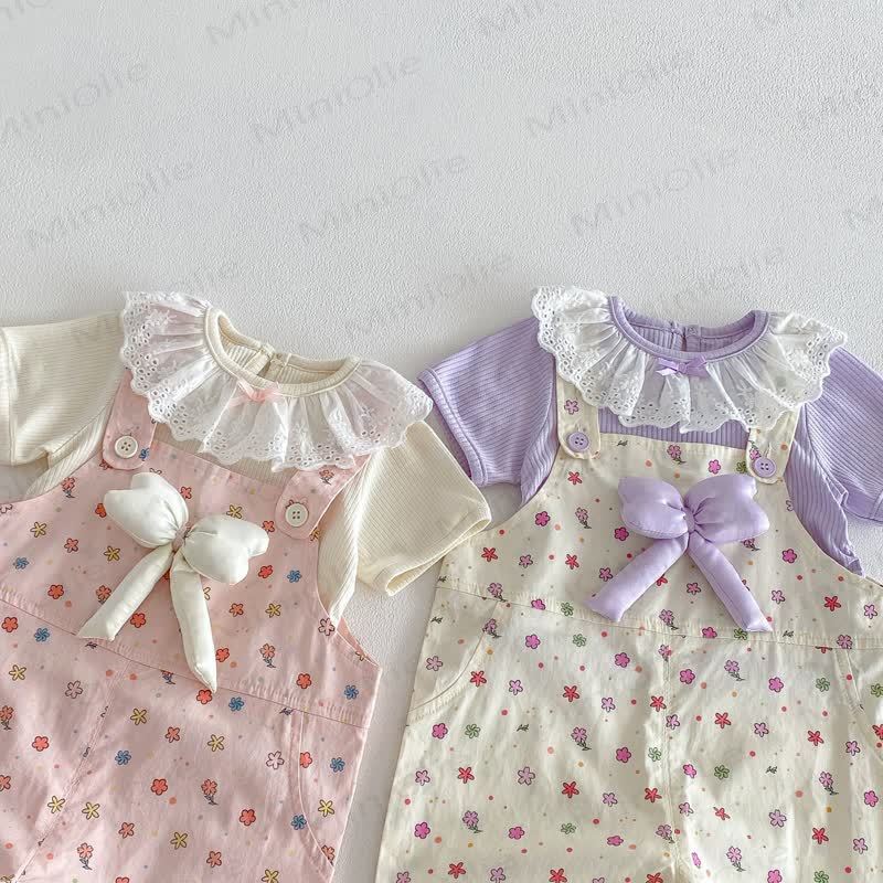 ベビー幼児女の子用リボンフラワーオーバーオール/無地レーストップス - image 3