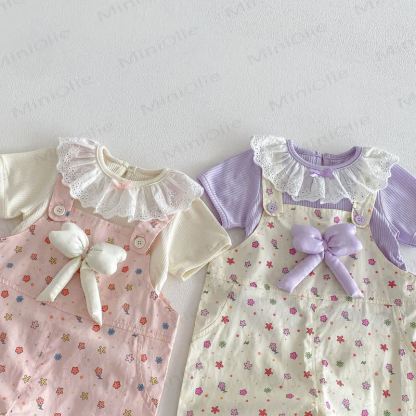 ベビー幼児女の子用リボンフラワーオーバーオール/無地レーストップス - image 3