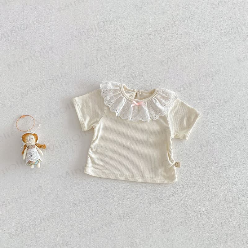 ベビー幼児女の子用リボンフラワーオーバーオール/無地レーストップス - ベージュトップス - 5～7歳 - image 7