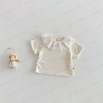 ベビー幼児女の子用リボンフラワーオーバーオール/無地レーストップス - ベージュトップス - 5～7歳 - image 7