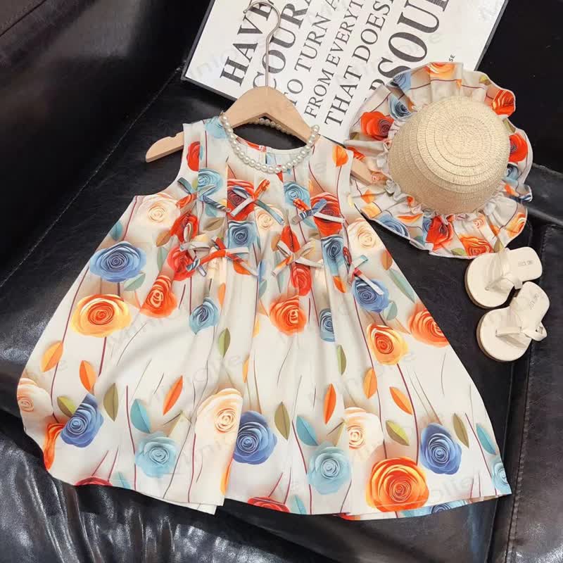 幼児用女の子用スウィートフラワーリボンノースリーブDress - image 2