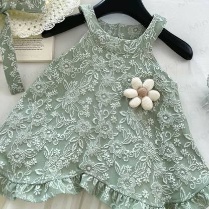 幼児用女の子用グリーンフラワーノースリーブDress - image 4