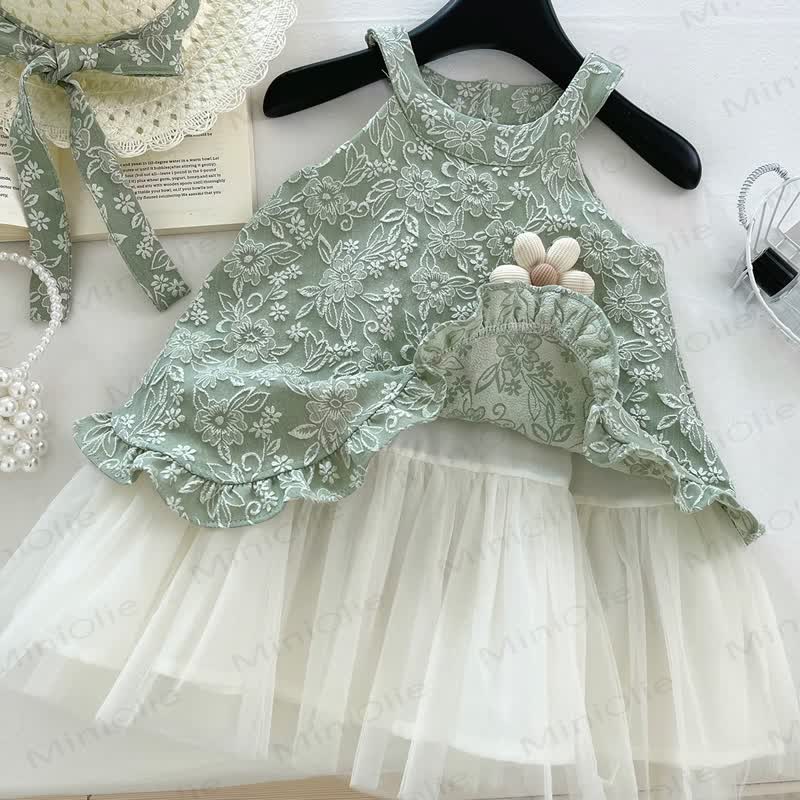 幼児用女の子用グリーンフラワーノースリーブDress - image 3