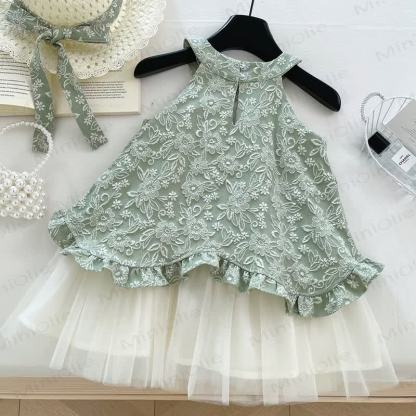 幼児用女の子用グリーンフラワーノースリーブDress - image 2