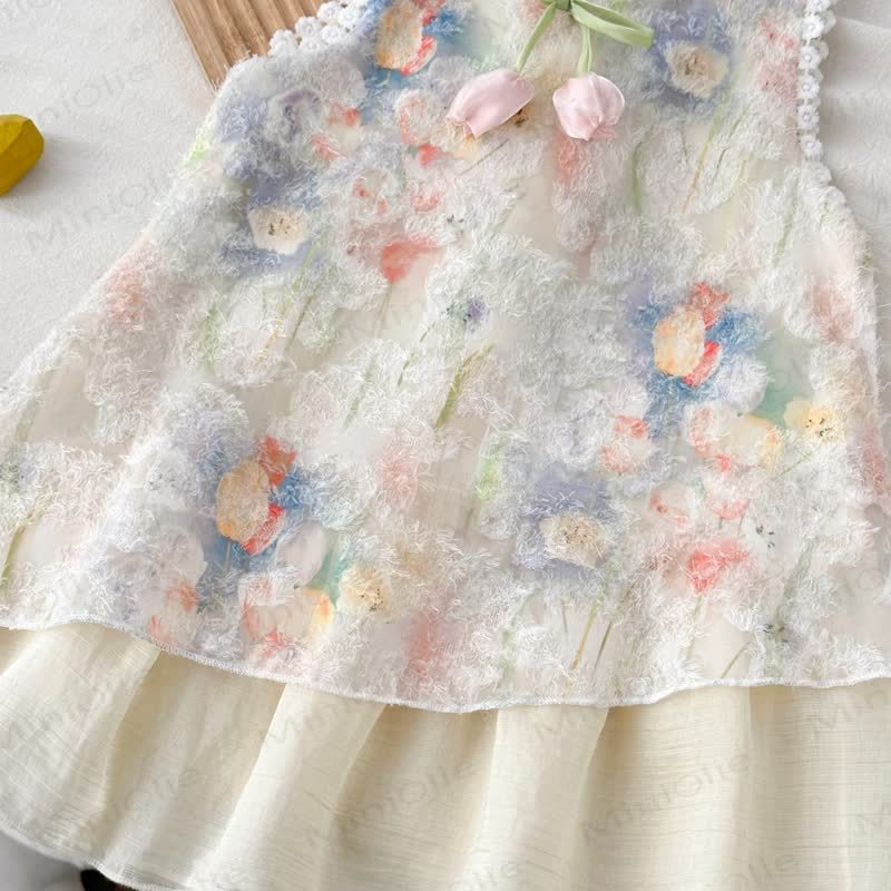 幼児用女の子用ベージュフラワーノースリーブDress - image 4