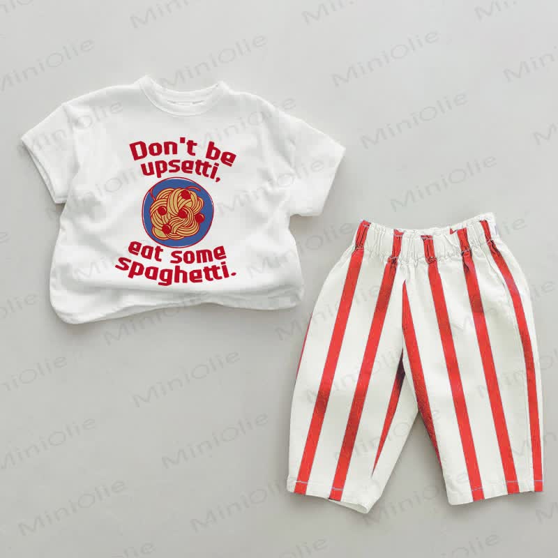 DON'T BE UPSETTI, EAT SOME SPAGHETTI.ベビーレッドの縦縞2ピースセット - 白と赤 - 2～3歳 - image 1