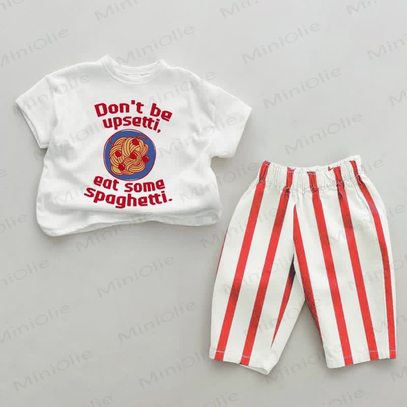 DON'T BE UPSETTI, EAT SOME SPAGHETTI.ベビーレッドの縦縞2ピースセット - 白と赤 - 2～3歳 - image 1
