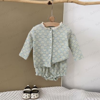 女の子用刺繍フラワー2ピースニットセット - image 4