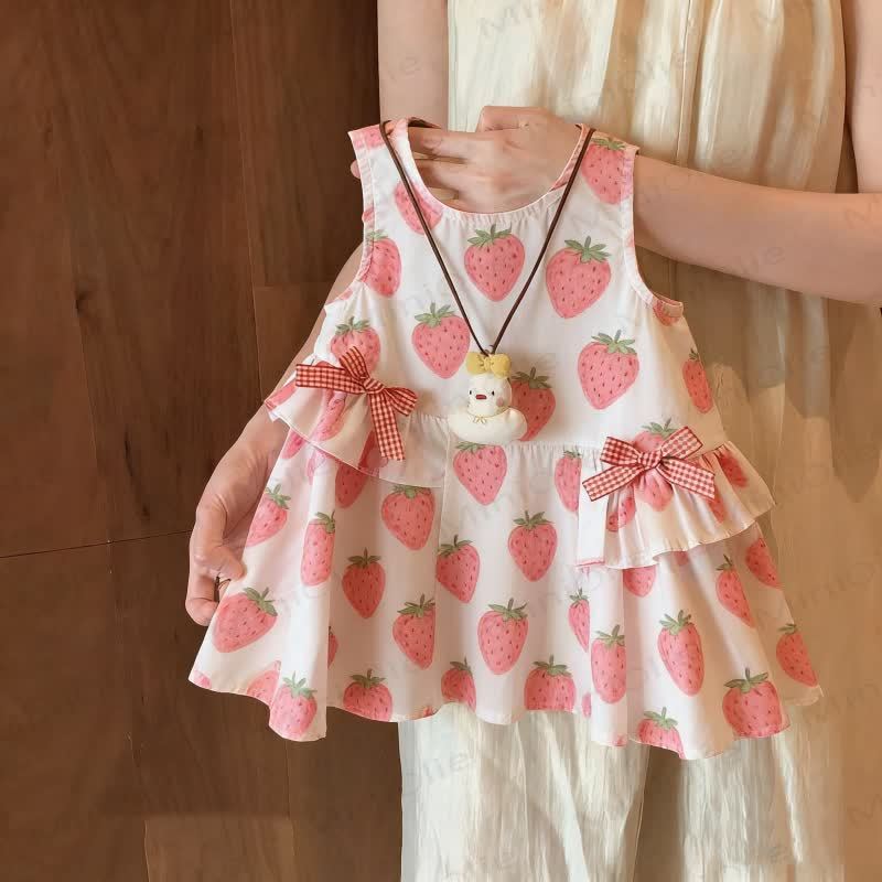 幼児用女の子用リボンノースリーブDress - ベージュストロベリー - 8歳 - image 2