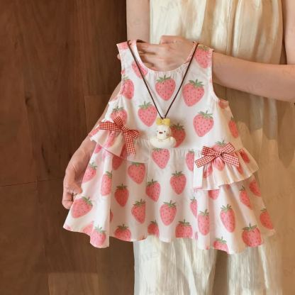 幼児用女の子用リボンノースリーブDress - ベージュストロベリー - 8歳 - image 2