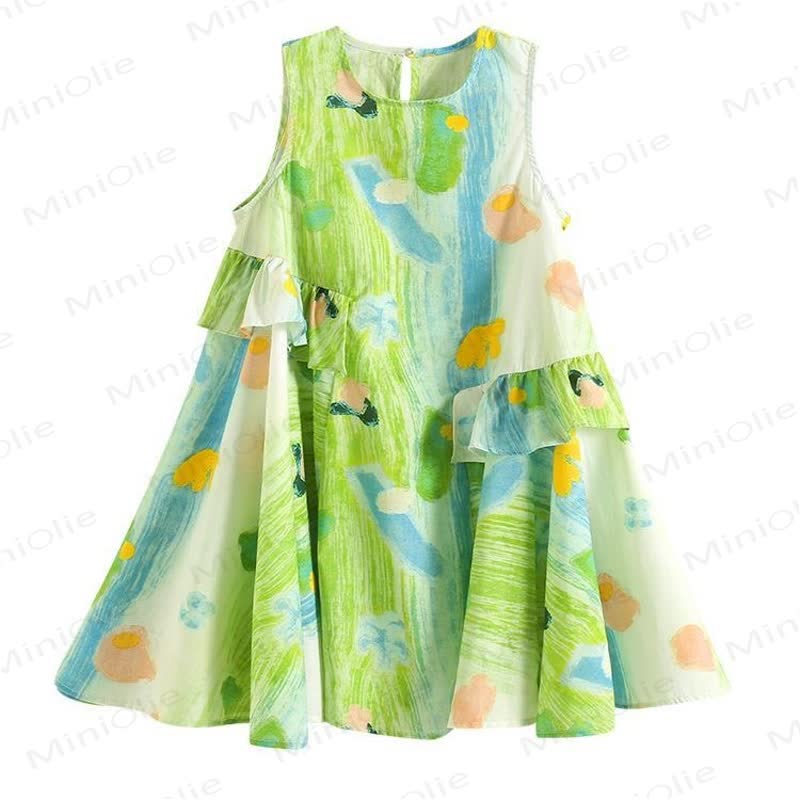 幼児・キッズ 女の子用 カラーブロック 花柄 ノースリーブDress - 緑 - 6～7歳 - image 1
