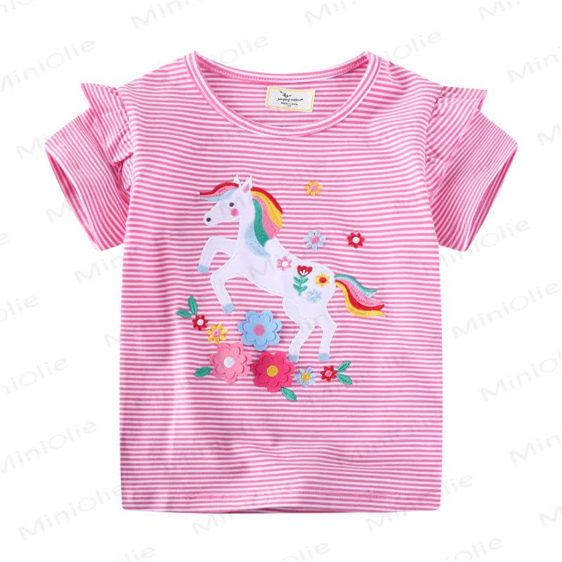 幼児用ポニーフラワーストライプTシャツ - ピンク - 7歳 - image 1