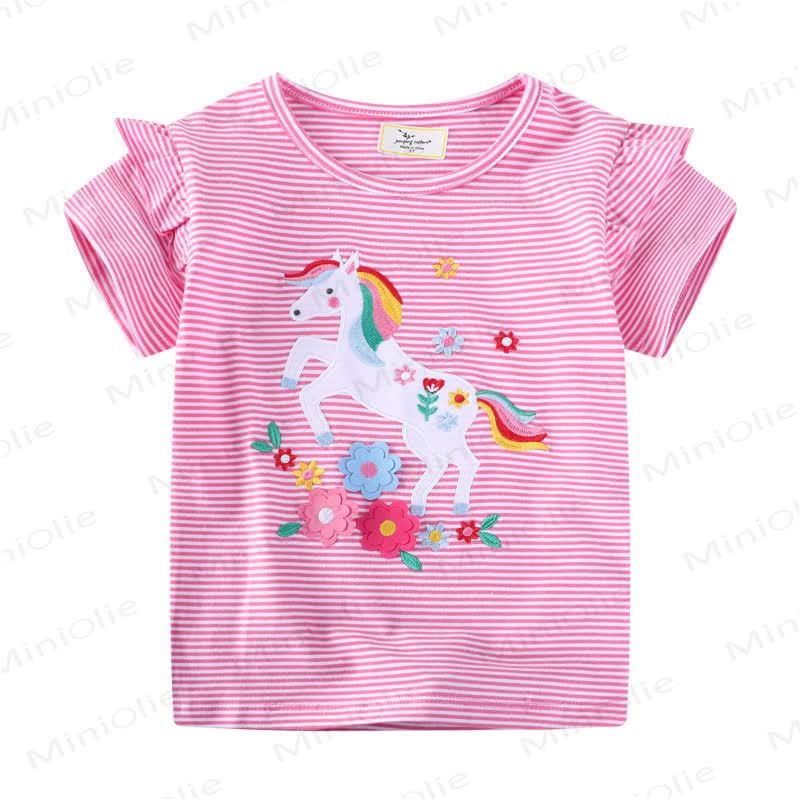 幼児用ポニーフラワーストライプTシャツ - ピンク - 7歳 - image 1