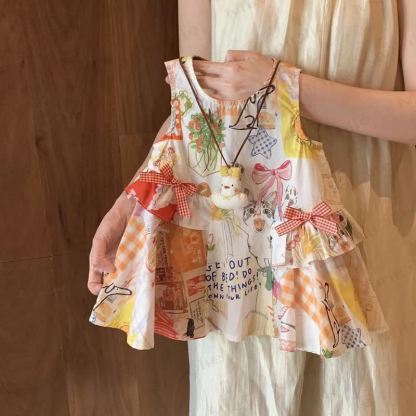 幼児用女の子用リボンノースリーブDress - ベージュの猫 - 8歳 - image 1