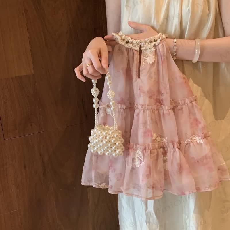 幼児用女の子用ピンクフラワービーズメッシュDress - image 2