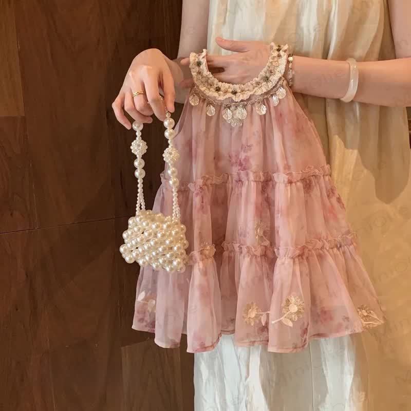 幼児用女の子用ピンクフラワービーズメッシュDress - ピンク - 10歳 - image 1
