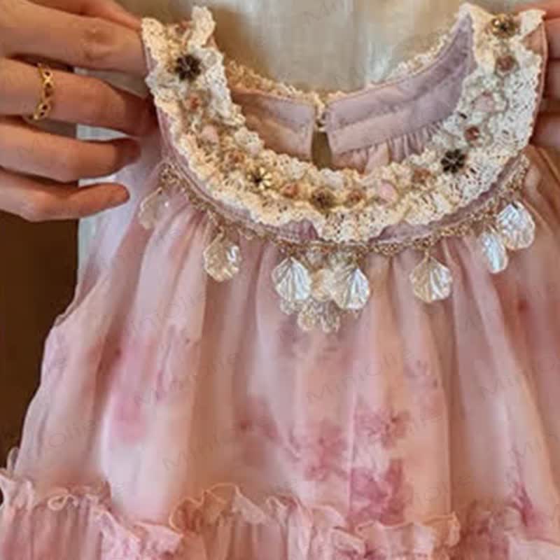 幼児用女の子用ピンクフラワービーズメッシュDress - image 4