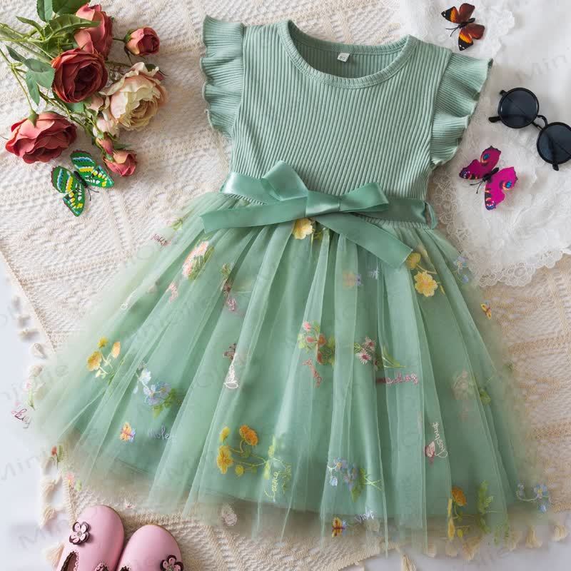 ベビー 幼児 女の子 リボン刺繍 フラワー メッシュDress - 緑 - 5歳 - image 3