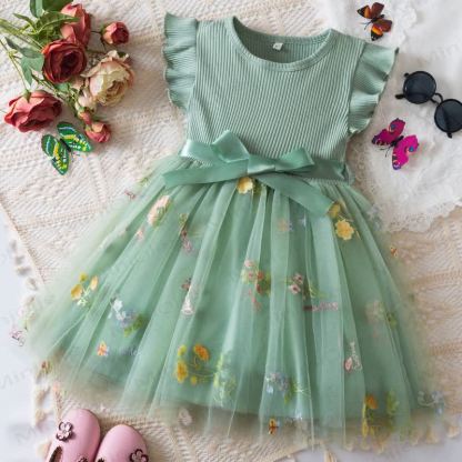 ベビー 幼児 女の子 リボン刺繍 フラワー メッシュDress - 緑 - 5歳 - image 3