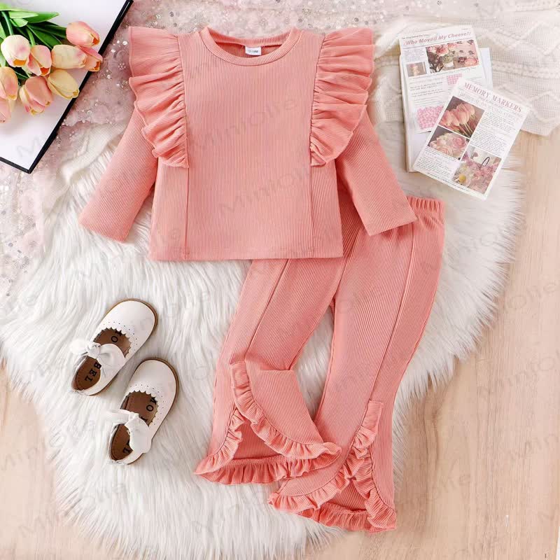 ベビーガールズニット無地リブ2ピースセット - ピンク - 4-5Y - image 3