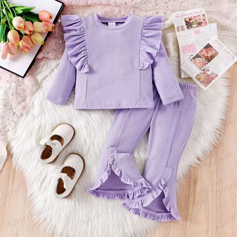 ベビーガールズニット無地リブ2ピースセット - 紫 - 4-5Y - image 2