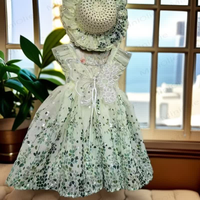 幼児用女の子用グリーンリボンフラワーノースリーブDress - 帽子をかぶった緑のDress - 7-8T - image 4