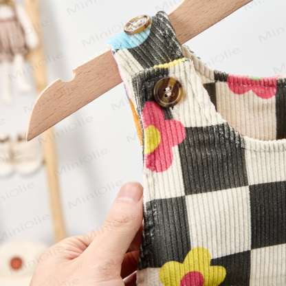 ベビー幼児用チェッカーボード柄カラフルフラワーコーデュロイオーバーオール - image 3