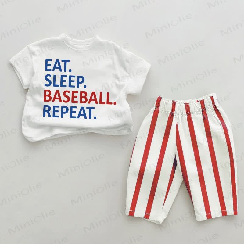  食べて、寝て、BASEBALL、また繰り返す。ベビーレッドの縦縞模様のツーピースセット - 白と赤 - 2～3歳 - image 1