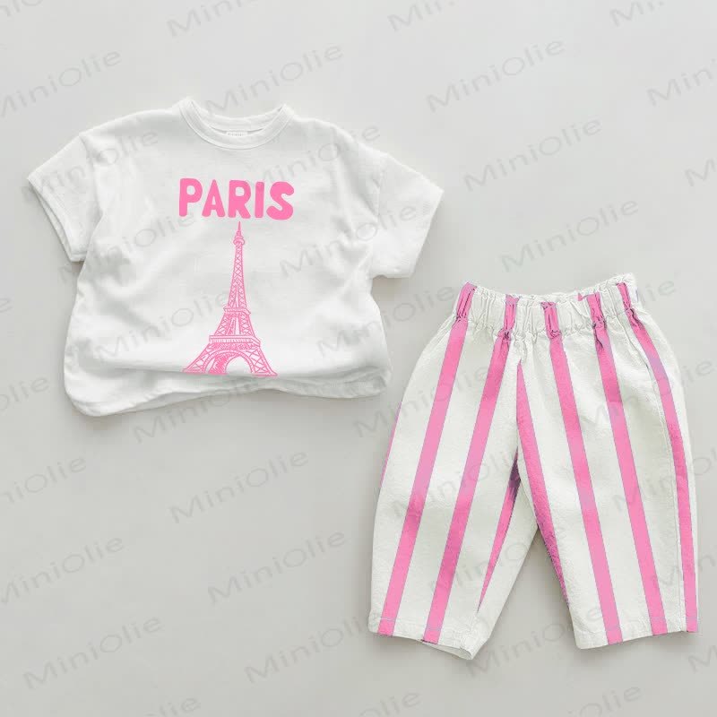 PARISベビー エッフェル塔 ピンク 縦ストライプ 2点セット - ホワイト＆ピンク - 2～3歳 - image 1