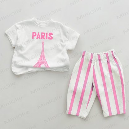 PARISベビー エッフェル塔 ピンク 縦ストライプ 2点セット - ホワイト＆ピンク - 2～3歳 - image 1