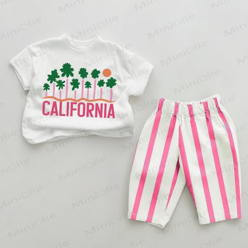 CALIFORNIAベビーピンク 縦ストライプ 2点セット - ホワイト＆ピンク - 2～3歳 - image 1