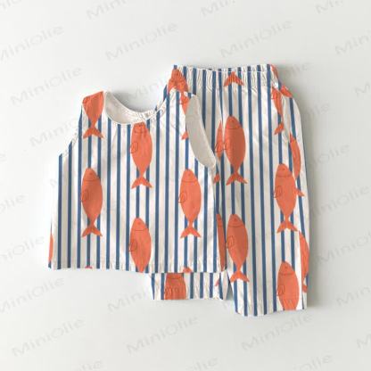 ベビー幼児用フィッシュストライプノースリーブ2ピースセット - 青 - 5～7歳 - image 1